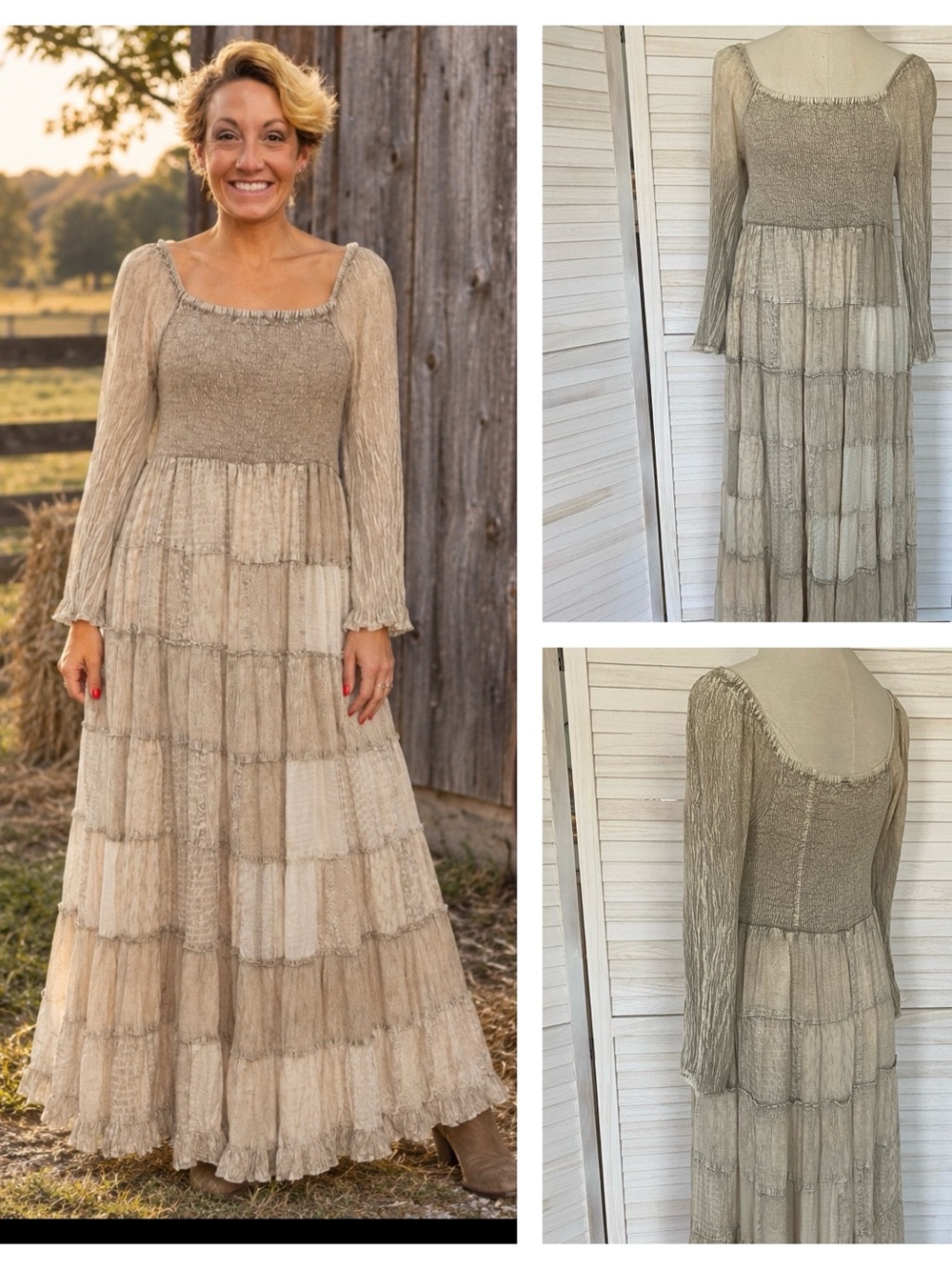Young Threads Smocked Tiered Maxi Dress in Neutral Taupe-Beige SZ L NWT